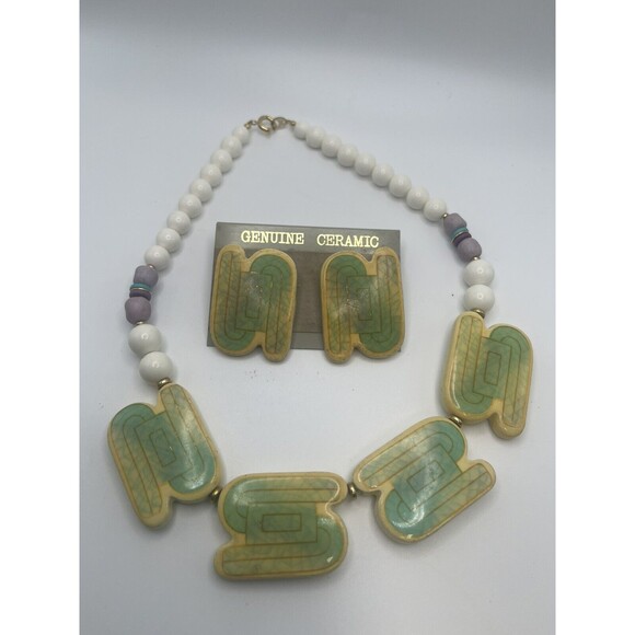 Vintage Artisan Genuine Ceramic Set Deco Style Necklace & Matching Earrings - Picture 4 of 9